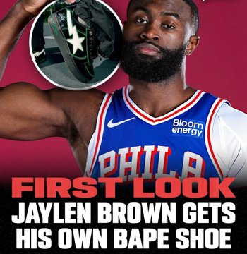 A promotional graphic showing basketball player James Harden flexing, with text reading 'FIRST LOOK JAYLEN BROWN GETS HIS OWN BAPE SHOE' and an inset image of a black and white sneaker featuring a star logo.