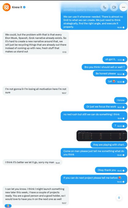 A long text message conversation between two people discussing project ideas, narratives, and potential future collaborations, including mentions of figures such as Elon Musk, SpaceX, and Grok.