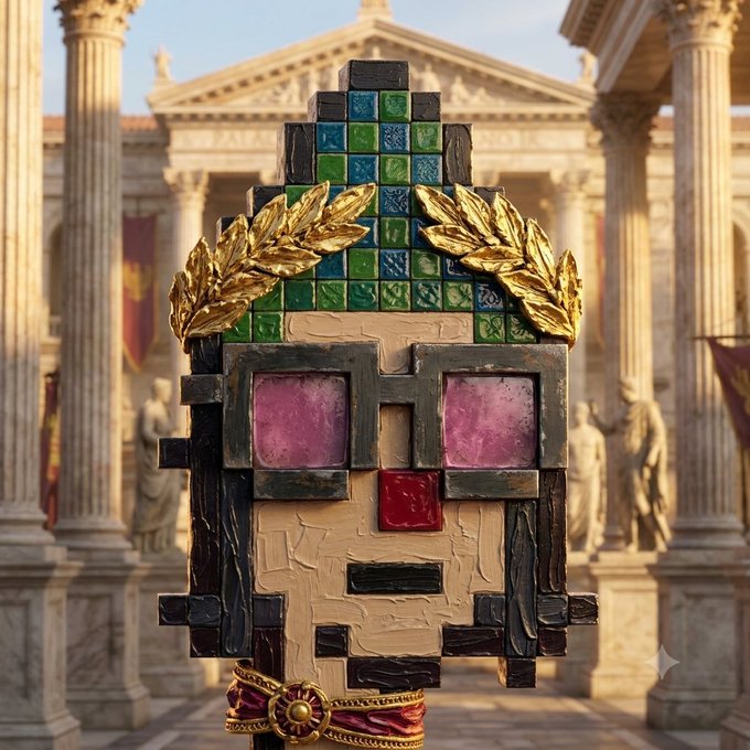 A pixelated, bearded figure wearing a golden laurel wreath and jewel-encrusted robe stands before a classical Roman temple, embodying a pixel-art "king" or leader of a kingdom.

The image visually reinforces the post's question about leadership, with the crowned pixel figure symbolizing royalty, while the hashtag "#CryptoNovo" hints at the NFT pixel art style the creator is known for.