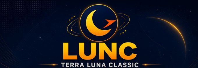 A dark navy space-themed logo featuring a crescent moon and orange rocket inside a gold-outlined circle, with orbital rings and small stars. Large gold text reads “LUNC,” and the subtitle below reads “TERRA LUNA CLASSIC.”