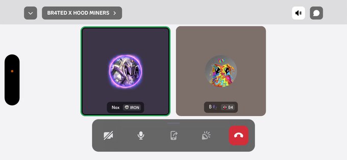 A video call between "Nox" (IRON) and "BR4TED" (B4) under the group "BR4TED X HOOD MINERS," with the post mentioning a conversation between Nox about Nucleus Codes and Hood Miners, and announcing that the ₿-R4ted community is eligible for a Hood Miners free mint.