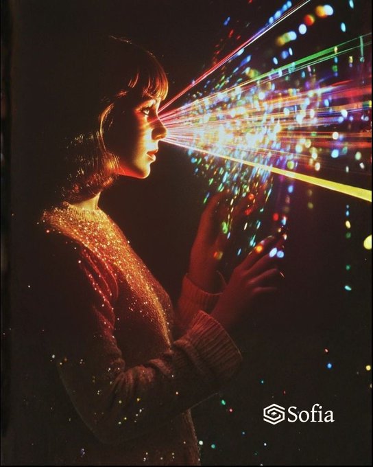 A stylized digital artwork by 'Sofia' shows a woman in a glittery sweater with colorful light beams radiating from her eyes as she reaches toward glowing particles.