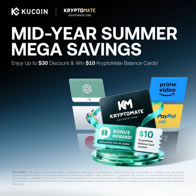 The image features an advertisement for KuCoin Mega Savings, which is advertised during the summer season. The text on the image encourages users to take advantage of mid-year savings by signing up for a KRCOIN Payroll Card or using a KRCOIN Balance Card. The card offers discounts and rewards for various purchases such as flights, gift cards, and online shopping. The advertisement is set against a blue background with white text that highlights the benefits of joining the savings program during the summer months.