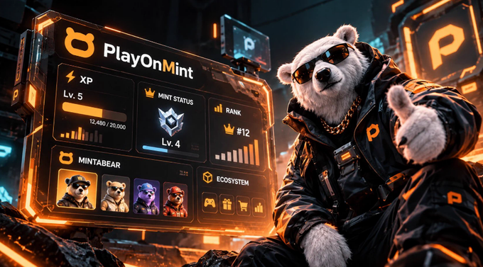 A stylized digital illustration of a white bear character wearing sunglasses, a gold chain, and a black jacket, displayed alongside a 'PlayOnMint' NFT dashboard showing XP level, mint status, and collectible bears.
