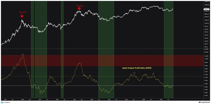A cryptocurrency trading chart for OutputCoin with annotations marking 'Top 2017' and 'Top 2021', showing the SOPR (Spent Output Profit Ratio) indicator below.