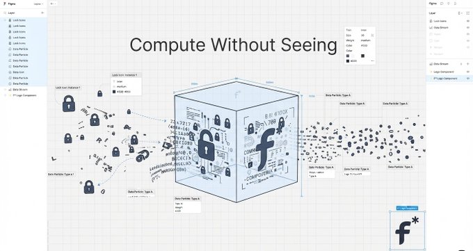 Figma design workspace titled 'Compute Without Seeing' showing a diagram of a central cube with a padlock icon, connected to various lock instances and data particle Type A/B components.