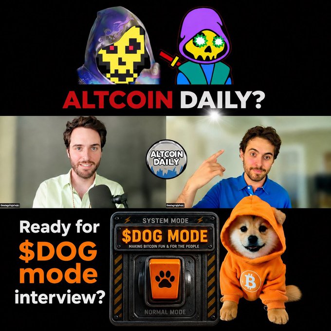 A thumbnail for 'ALTCOIN DAILY?' features two men with an Altcoin Daily logo above them, accompanied by a Shiba Inu dog in an orange Bitcoin hoodie and text reading 'Ready for $DOG mode interview?' alongside a 'DOG MODE' toggle switch.