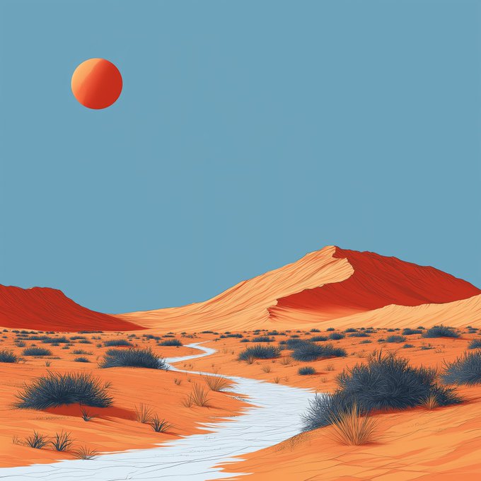 A stylized digital illustration of a desert landscape featuring orange-red sand dunes, scattered blue-green shrubs, a winding white path, and a bright orange sun against a clear blue sky.