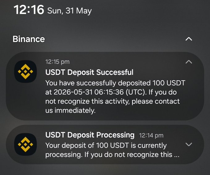 The image shows a text message alert with two notifications. One of them is a message from Venmo, stating that USDT Deposit Successful at 12:15 pm on Saturday, 31 May 2016. The other notification appears to be related to Bitcoin, and it mentions something about Binance trading USDT for Bitcoin, as well as the processing time. This might imply that someone has successfully deposited USDT into a Bitcoin wallet or bought some Bitcoins using Venmo's USDT system.