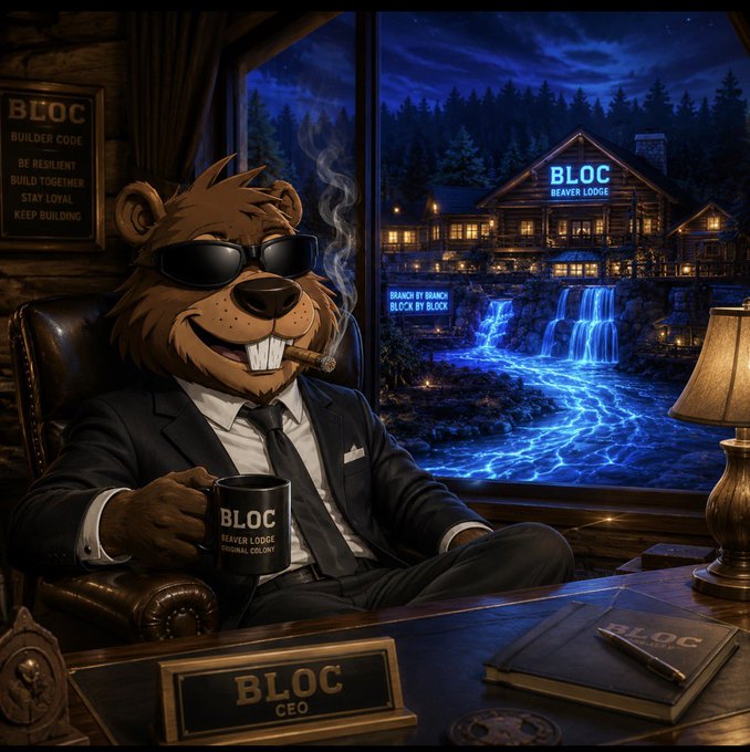 An illustration of an anthropomorphic beaver wearing sunglasses and a suit, smoking a cigar and holding a BLOC mug, with a "BLOC CEO" nameplate and a Beaver Lodge visible in the nighttime background.