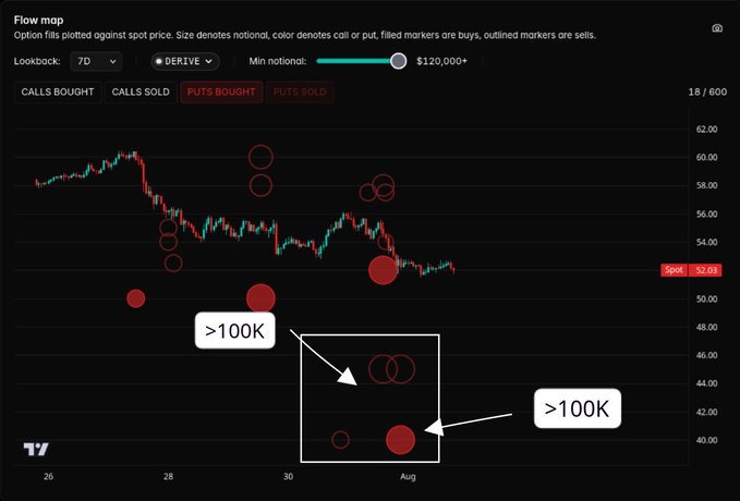 This flow map on DeriveXYZ shows large option trades of over $100K for altcoins, supporting the claim of "huge sizes being put on altcoins". The chart displays trading activity with red markers indicating bought puts.