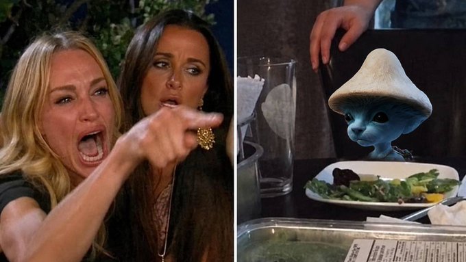 A side-by-side image: on the left, actresses Kate Hudson and Sarah Jessica Parker react dramatically; on the right, a blue alien-like creature figurine sits next to a plate of food.