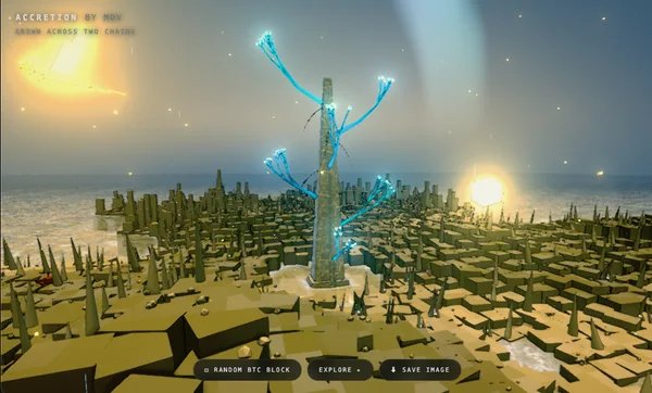 A digital artwork titled 'Accretion by nox' displayed across two chains, featuring a glowing tower surrounded by blue energy tendrils rising from a blocky landscape with two suns.