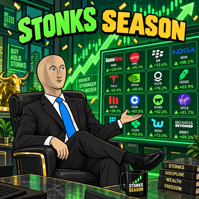 A vibrant cartoon-style graphic titled 'STONKS SEASON' featuring a bald man in a suit sitting in a chair next to a bull statue, with a stock market ticker showing major tickers including GME, AMC, BB, NOK, TSLA, NVDA, HOOD, MSTR, COIN, BYND, CLOV, WISH, and BBBY, alongside a mug and books labeled 'STONKS DISCIPLINE WEALTH FREEDOM.'