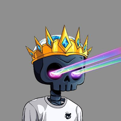 An illustration shows a skeletal character wearing a white shirt and an ornate golden crown with blue gems, emitting rainbow-colored laser beams from its eyes.
