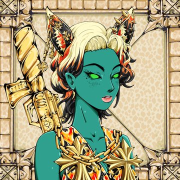 A digital illustration of a green-skinned cat-girl character with white and orange hair, cat ears, and ornate gold accessories, set against a patterned background.