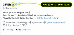 A social media post from 'CIFER' (@cifer.security) advertising 'ADD 3 AFTER YOUR NAME' with text reading 'Privacy for your digital life. Built for Web3. Ready for Web3. Quantum-resistant. Ghost Egg mint this September on @RobbinhoodCrypto', tagged with Science & Technology and Quantum, joined August 2021, with 2 following and 1,382 followers.