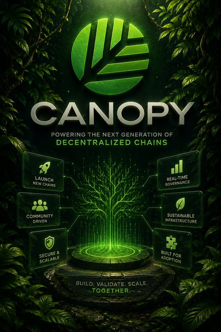 The image is a promotional poster for "CANOPY" featuring a glowing green tree on a circular platform surrounded by jungle foliage, with the tagline "POWERING THE NEXT GENERATION OF DECENTRALIZED CHAINS" and "BUILD. VALIDATE. SCALE. TOGETHER." Surrounding icons highlight key features: "LAUNCH NEW CHAINS," "COMMUNITY DRIVEN," "SECURE & SCALABLE," "REALTIME GOVERNANCE," "SUSTAINABLE INFRASTRUCTURE," and "BUILT FOR ADOPTION."

The poster visually reinforces the post's message by presenting Canopy (CNPY) as a living, growing ecosystem—the tree imagery symbolizes organic chain development, while the "Realtime Governance" and "Launch New Chains" features directly illustrate the validation market concept for testing demand and community before a full L1 launch.