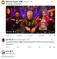 A screenshot of an X (Twitter) post by Michael Saylor (@saylor) captioned "Strategy, amplified." showing a stage performance featuring Saylor, a rapper, and a woman, with quote tweets from @orah (@orabainireiset, 8h) joking "you know what nigga? keep going this seems to be pumping the price" and @orla (@orla2219942) tagging @inversebrah.