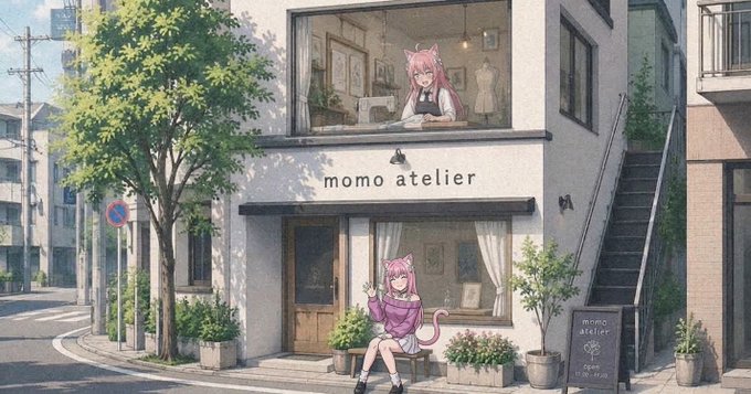 An anime-style illustration of 'momo atelier' on a street corner features a pink-haired character in the window and another sitting on a bench, with a cat nearby.