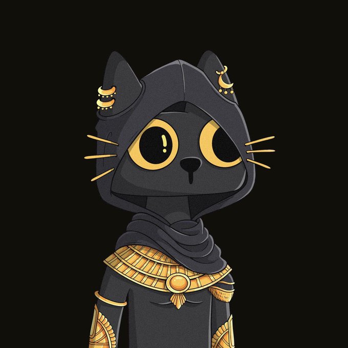 A cartoon black cat with large yellow eyes wears a hood, ornate gold collar, and gold earrings, representing the user's Sphinx cat Leo as an honorary "CETS Cat" PFP NFT. The regal Egyptian-inspired design reflects the user's excitement about the art piece and its connection to their real-life pet.