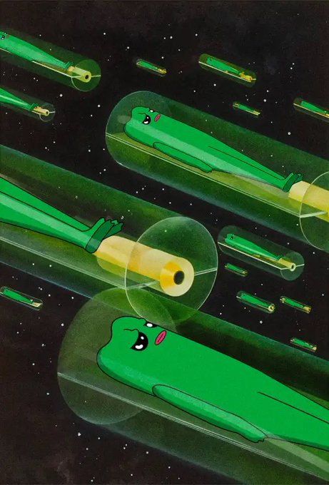 A whimsical illustration shows green frogs with annoyed expressions piloting transparent green missiles streaking through a starry black sky, with one missile firing a yellow blast. The cartoonish, determined frogs and projectile imagery humorously reinforce the post's bullish sentiment about $FWOG, framing the meme token as an "OG" character ready to "run it back" with rocket-like momentum.