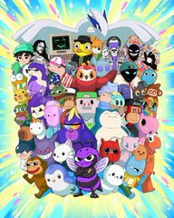 A colorful illustration featuring a large group of cartoonish characters, monsters, and food items clustered together against a bright rainbow background.