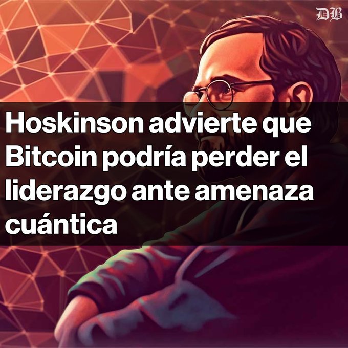 A stylized digital illustration of a bearded man with glasses (Charles Hoskinson) with Spanish text reading 'Hoskinson advierte que Bitcoin podría perder el liderazgo ante amenaza cuántica'.