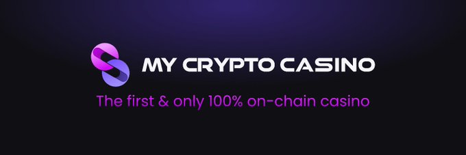 The image displays the "MY CRYPTO CASINO" logo with its tagline "The first & only 100% on-chain casino" against a dark purple background, illustrating the branding of the Solana-based casino highlighted in the post for its transparent, blockchain-verified gaming approach.