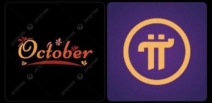 Two graphic logos are displayed side by side: 'October' written in stylized orange script with decorative elements on a black background, and the Pi cryptocurrency symbol (π) in gold on a purple background.