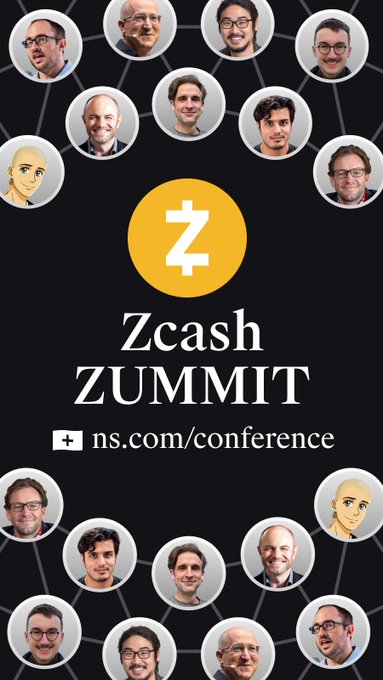 Promotional graphic for the Zcash Zummit at the Network State Conference, featuring circular headshots of speakers arranged around a central Zcash "Z" logo, with text reading "Zcash ZUMMIT" and "ns.com/conference." The design highlights key Zcash leaders including Zooko Wilcox, Sean Bowe, and Eli Ben-Sasson as mentioned in the accompanying post.