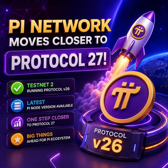 A vibrant promotional graphic announces "Pi Network Moves Closer to Protocol 27," featuring a rocket and Pi coin emblem against a cosmic backdrop. Key highlights include "Testnet 2 Running Protocol v26," "Latest Pi Node Version Available," and "Protocol v26," visually reinforcing the post's excitement about the v26 upgrade on Testnet 2 and its potential implications for Mainnet.