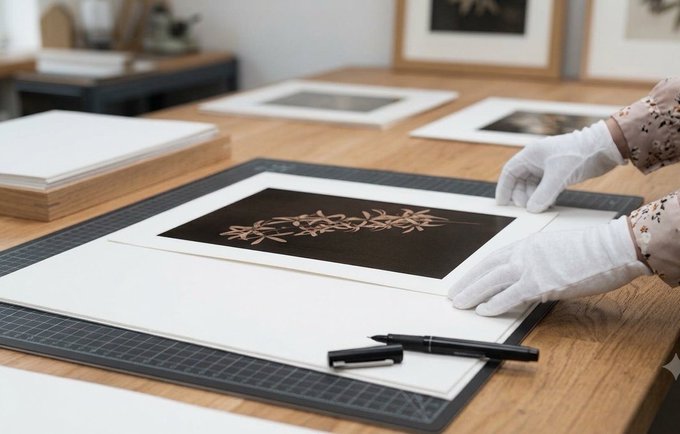 A person wearing white cotton gloves carefully handles a framed botanical print on a cutting mat in what appears to be an art conservation or framing studio.