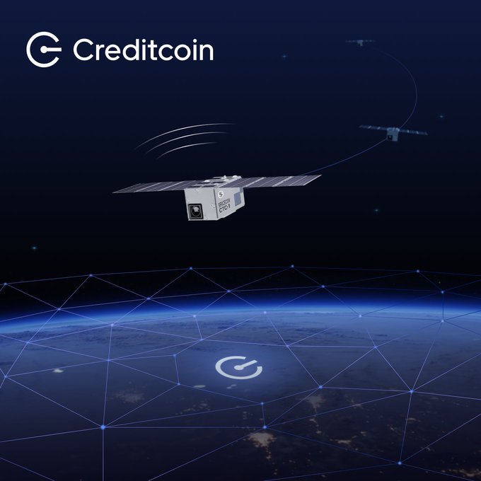 A Creditcoin promotional image with the company logo at the upper left, depicting a small satellite orbiting above Earth with a network of connected lines spanning across the globe's surface.