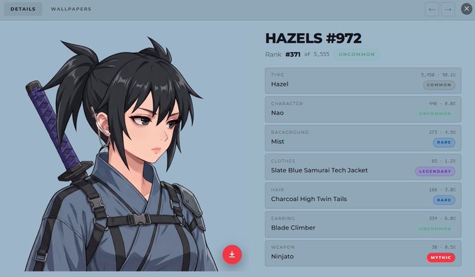 A digital character profile titled 'HAZEL'S #972' showing an anime-style warrior named Nao with a katana, displaying attributes like 'Slate Blue Samurai Tech Jacket' (Legendary) and 'Ninjato' (Mythic) weapon.