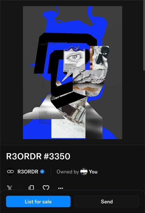The image features a poster or album cover for an album called "R3ORDR" by an artist who has also been referred to as "You" in a social media post. The album's price of $100,000 seems to be up for sale on a private music marketplace where the artist is trying to sell their songs.