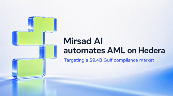 The image features a sleek blue and green abstract logo of stacked translucent blocks alongside text reading "Mirsad AI automates AML on Hedera" with the tagline "Targeting a $9.4B Gulf compliance market," directly illustrating the post's announcement of Tamam's AI-powered compliance automation for regulated banking on the Hedera network.