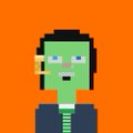 A small pixel art illustration of a green-skinned Frankenstein-like character with black hair, wearing a dark jacket over a striped shirt against an orange background.