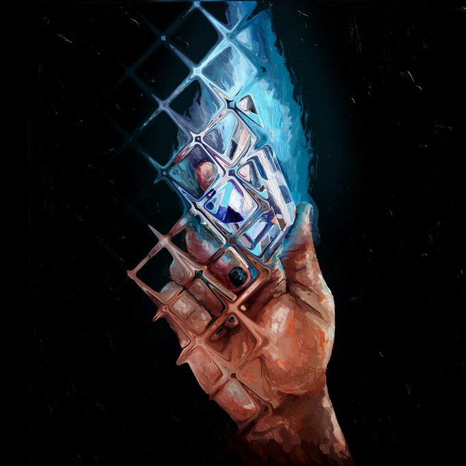 A digital painting of a hand holding a glowing, shattered geometric pattern with bright blue and orange tones against a dark background.