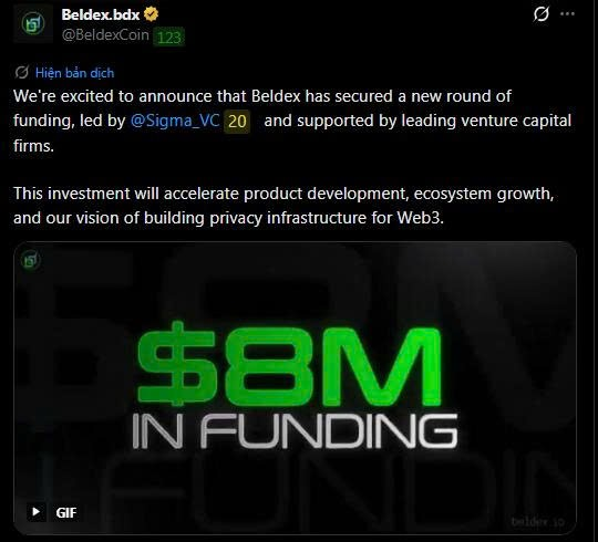 A tweet from @BeldexCoin announcing '$8M IN FUNDING' led by @Sigma_VC, stating the investment will accelerate product development and ecosystem growth for privacy infrastructure in Web3.