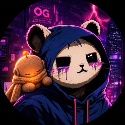 A cartoon-style panda wearing a dark blue hoodie with bloodshot, tearful eyes holds a small plush toy against a neon pink cyberpunk city backdrop, with 'OG' and 'ZERO GRAVITY LABS' visible.
