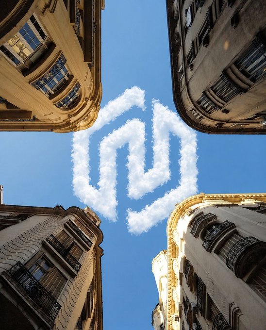 A view looking up at city buildings against a blue sky, with a cloud formation shaped like the letter "m" floating above. The image ties into the post's "Gm" greeting, creatively spelling out the casual morning message with clouds framed by urban architecture.