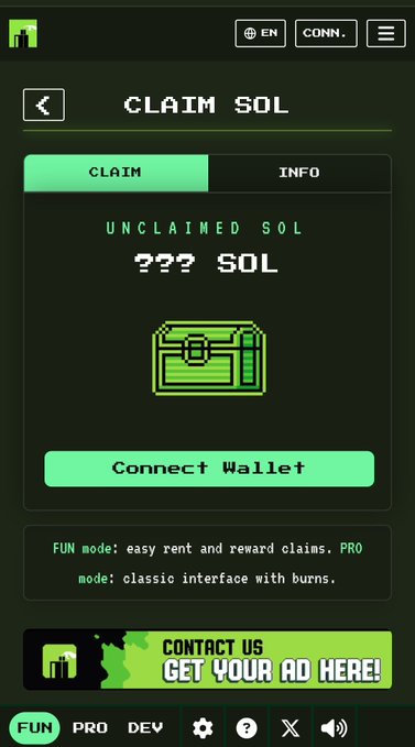 A mobile app screen titled 'CLAIM SOL' displays 'UNCLAIMED SOL ??? SOL' above a treasure chest icon and a 'Connect Wallet' button, with text below explaining 'FUN mode: easy rent and reward claims. PRO mode: classic interface with burns.'