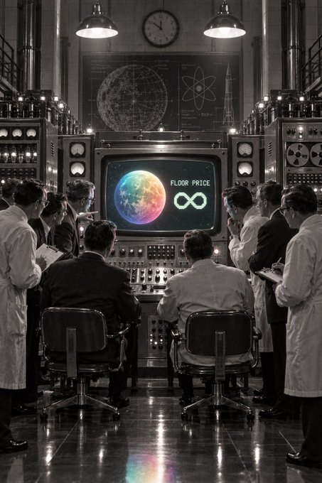 A stylized black-and-white illustration of scientists in lab coats examining a retro monitor that displays a colorful Earth and an infinity symbol under the text 'FLOOR PRICE'.