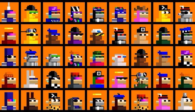 A 5x10 grid of pixel-art animal character portraits on an orange background, featuring various animals wearing hats and headgear.