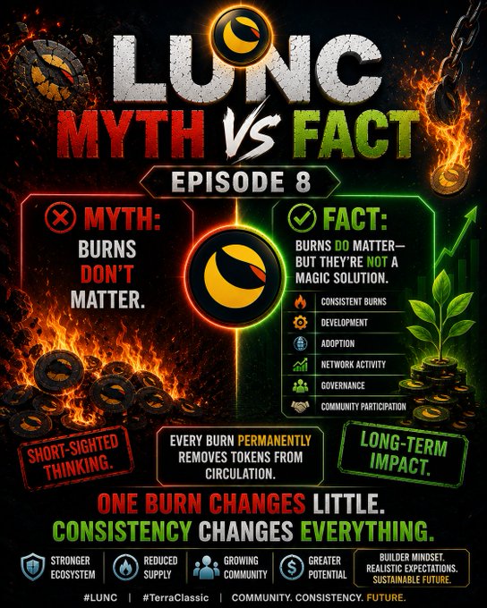 An infographic for 'LUNC' titled 'Myth vs Fact Episode 8' debunks the myth that burns don't matter, promoting long-term impact and community consistency.