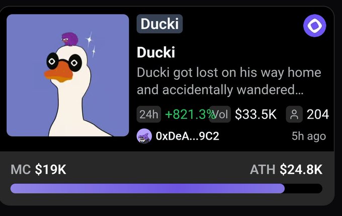 A cryptocurrency token card for 'Ducki' featuring a cartoon duck with a purple bird on its head, showing 24h change of +821.3%, $33.5K volume, market cap $19K, and ATH of $24.8K.