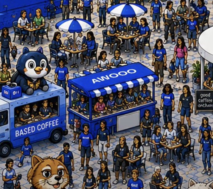 A vibrant illustrated scene depicts a bustling outdoor coffee event centered around blue-themed stalls and umbrellas, prominently displaying "BASED COFFEE" on a truck and "AWOOO" on a booth, with crowds mingling alongside cartoon wolf and cat mascots—tying into the post's playful "AWOOO" branding and the $WOLF community rallying call.