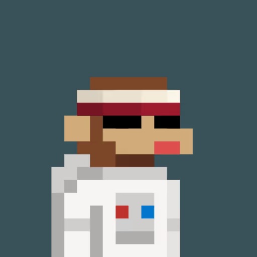 A pixel art character wearing a white spacesuit with red and blue details, a red and white headband, and dark sunglasses.
