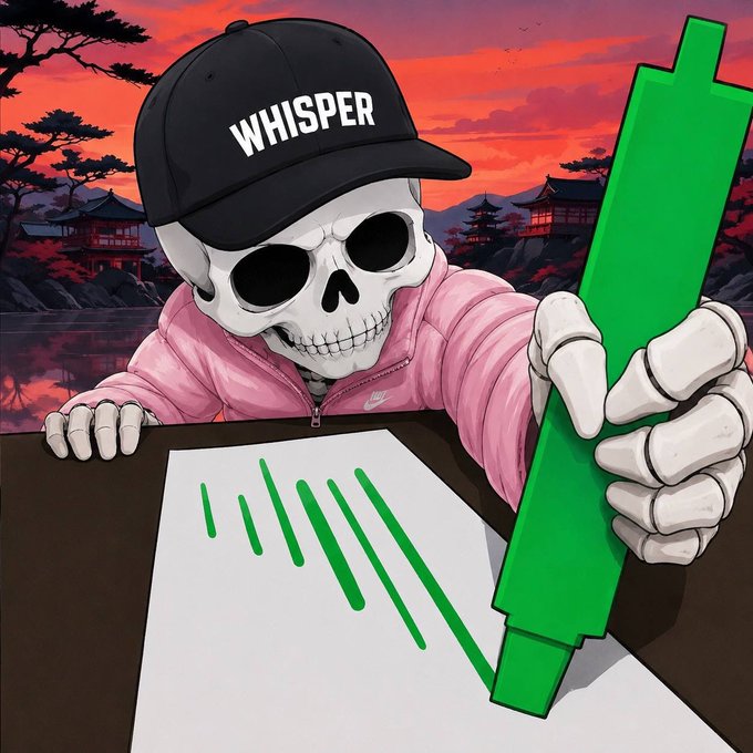 The image features a cartoon illustration of a skeleton wearing a hat with the word "Whisper" written on it, holding a green marker over a piece of paper. The scene takes place around a dining table where there are two other people present - one person sitting at the table and another standing nearby. The overall atmosphere suggests that they might be having a casual gathering or a creative session involving art and writing.